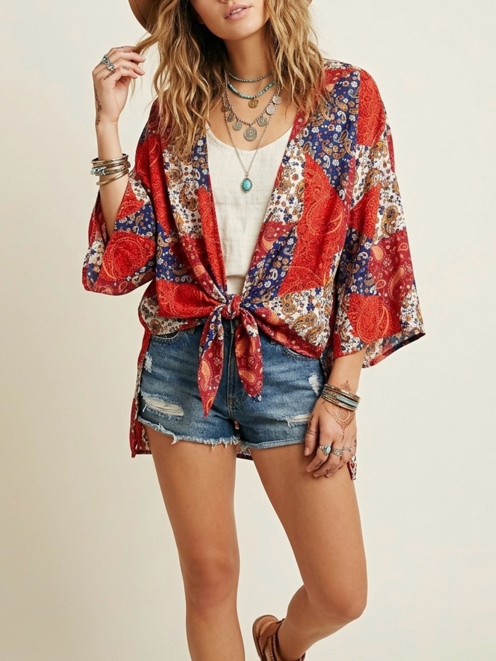 ALTAR’D STATE Boho Tie-Front Kimono Cover Up Top Red White Blue Paisley L